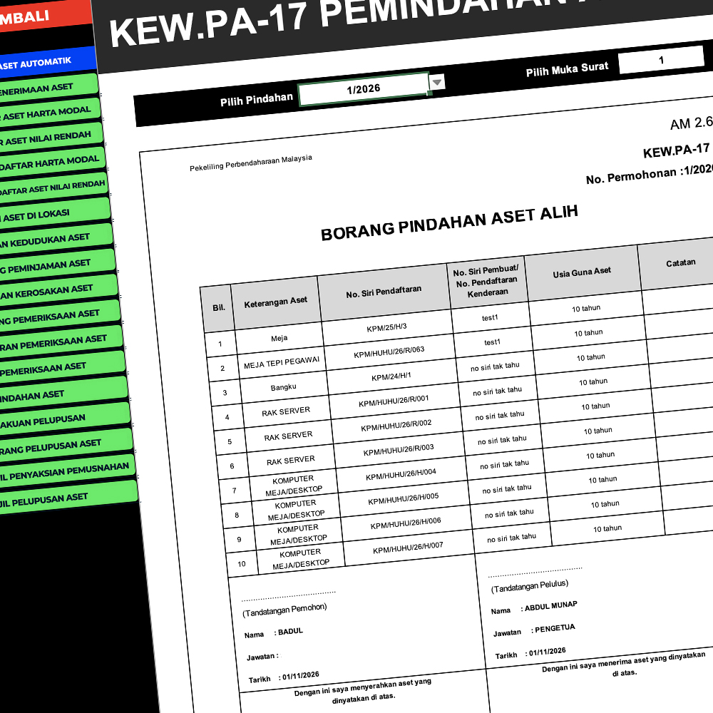 Paparan fungsi pemindahan aset AUTOASET